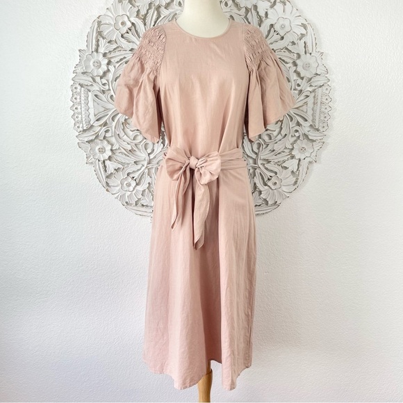 THE GREAT. Dresses & Skirts - {THE GREAT.} The Smocked Sleeve Sash-Waist Midi Dress, Blush, Size 0, NWT